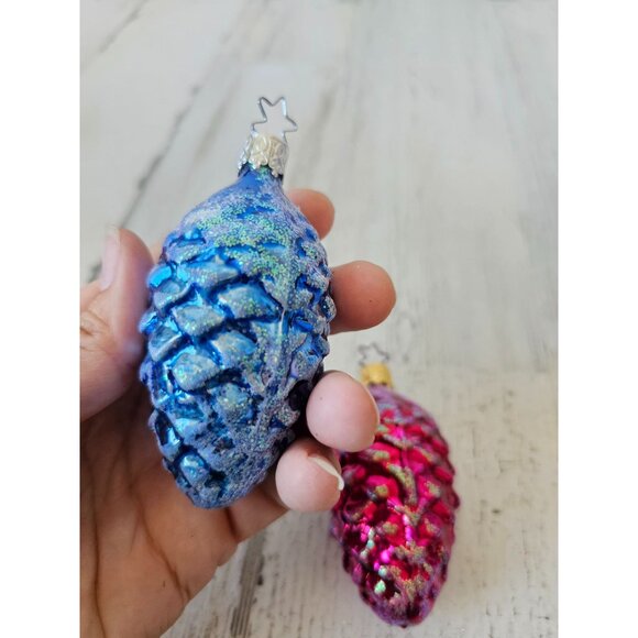 Inge glas acorn pinecone glitter blue red ornament Xmas tree Germany - Picture 5 of 9